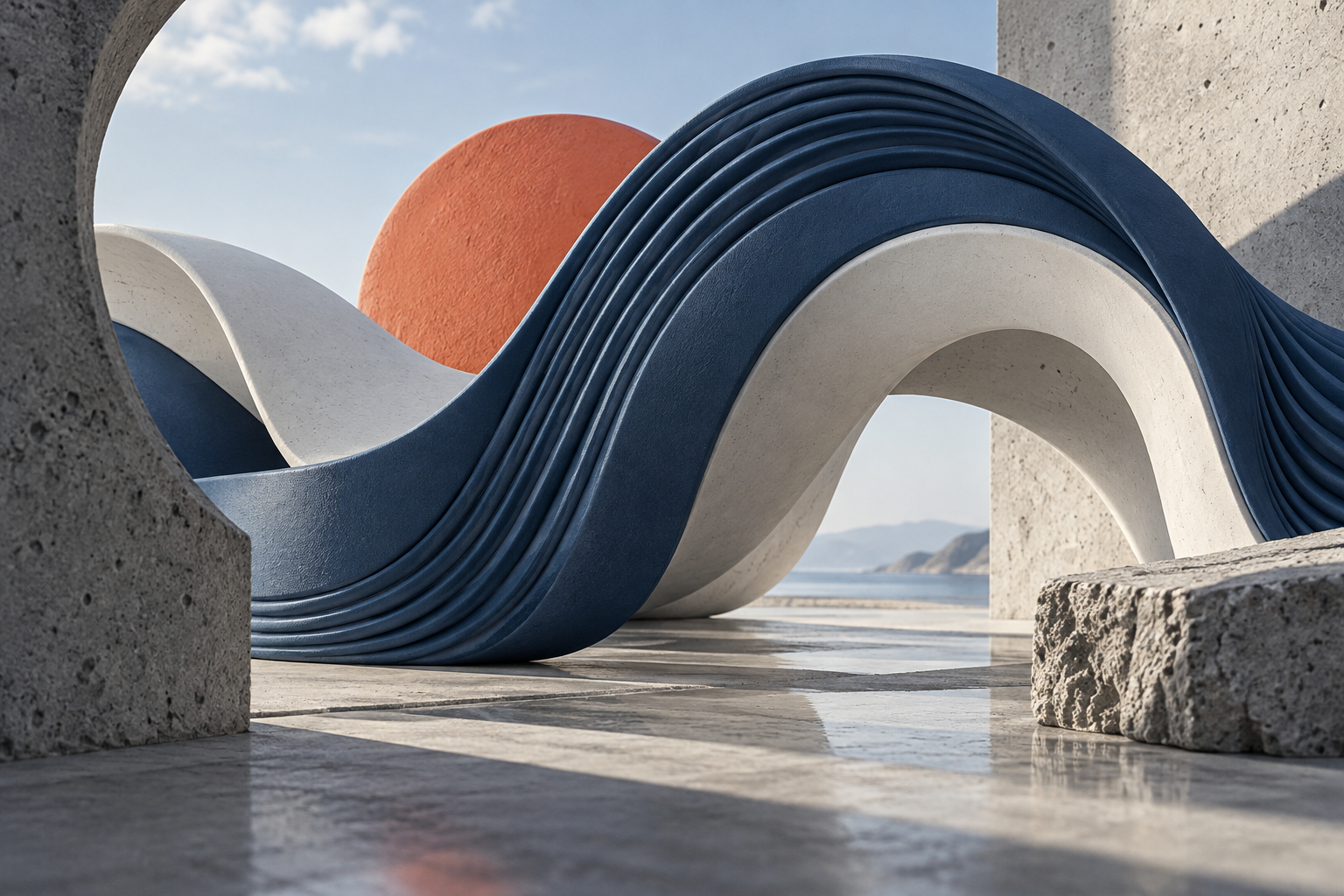 sculptural cobalt and ivory curved rubber-like forms on concrete with coral accent, sneaker-inspired abstract editorial, no footwear